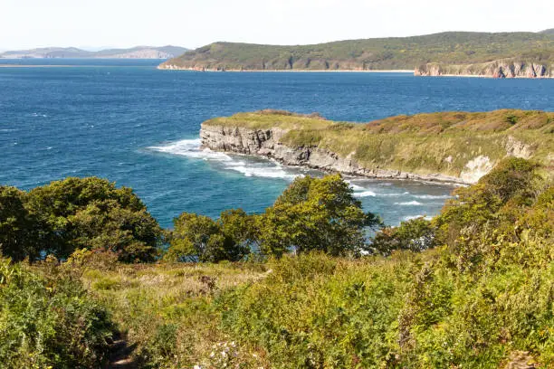 Photo of View from Cape Tobizin on the southern coast of the Russian island in Vladivostok on a sunny summer day.