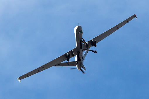 ALAMOGORDO, NEW MEXICO / USA - January 24, 2019: A United States Air Force MQ-9 Reaper flying near Holloman Air Force Base.