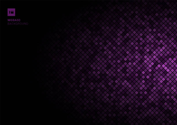 ilustrações, clipart, desenhos animados e ícones de padrão de pixel de mosaico roxo em textura de fundo preto desbotada. - fade out