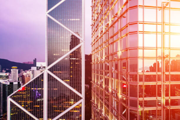 istock Office building at twilight with illuminated windows 1204946752