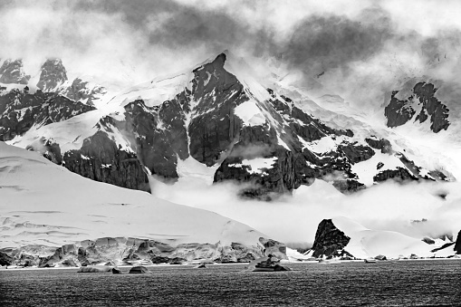 Black White Sea Water Glaciers Snow Mountains Charlotte Bay Antarctic Peninsula Antarctica.