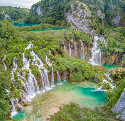 Aerial panorama of the beautiful staircase Waterfalls, Plitvice Lakes National Park, Croatia. Converted from RAW.