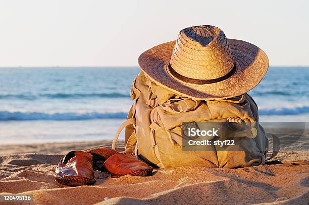 Rucksack On The Beach Stock Photo - Download Image Now - Backpack, Bag, Bay of Water