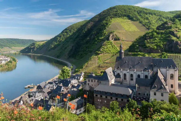 Aerial view of Beilstein village, Germany with Moselle river and Kapelle church