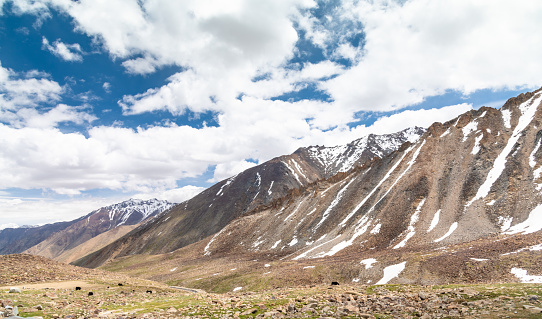 Landscape of Snow and mountain road to Nubra valley in Leh, Ladakh India