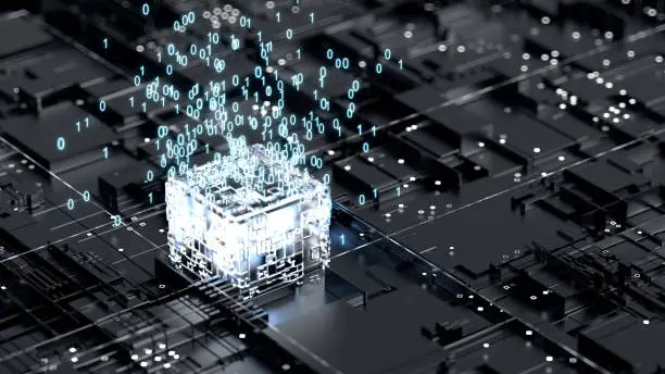 Photo of data computing:CPU Processor and data on 3d circuit