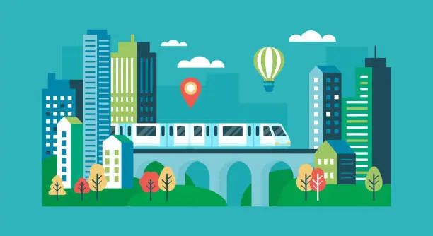 Vector illustration of City concept with modern buildings and railway train. Minimal cityscape scene with skytrain. Flat cartoon vector illustration