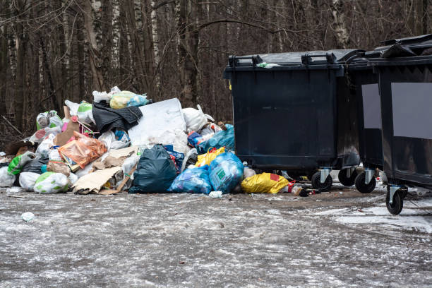 istock Land pollution and plastic waste. Trash heaps on the street and ecological problems. Big pile of garbage near garbage bins 1204965606