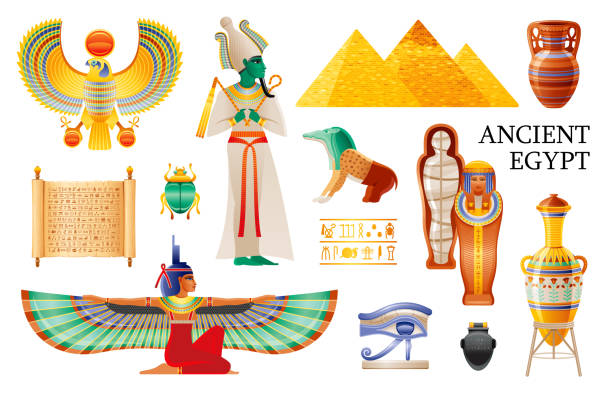 古代エジプトのアイコンセット。ファラオオシリス、イシス女王の翼、ピラミッド、ポット、花瓶、ミイラ、コプトアイ、ハートジャー、パピルス、ワシ。3d漫画ベクトルイラストは、白い� - egypt pyramid africa old点のイラスト素材／クリップアート素材／マンガ素材／アイコン素材