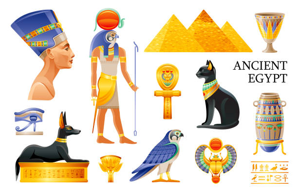 набор икон древнего египта. 3d ra солнце бог, нефертити, клеопатра королева, фараон пирамиды, лотоса вазы, глаз, скарабей, бастет кошки, ankh копт� - египет иллюстрации stock illustrations