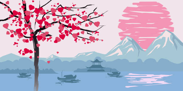 Chinese traditional or Japanese landscape, with pagoda and mountains, flowering tree hearts, sunset sea fisherman boats, silhouettes. Isolated illustration vector Chinese traditional or Japanese landscape, with pagoda and mountains, flowering tree hearts pagoda stock illustrations
