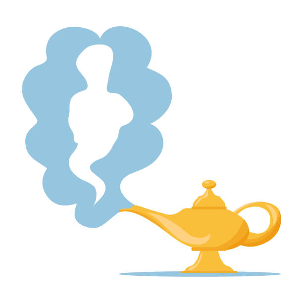 ilustrações de stock, clip art, desenhos animados e ícones de magic lamp of aladdin. golden magic lamp of aladdin with gin. vector illustration of an aladdin lamp. vector. - magic lamp genie lamp smoke