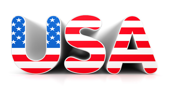 USA text with american flag. 3d illustration isolated on the white background