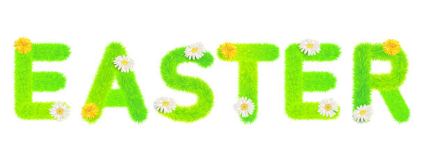 istock Word Easter made of fur, fluffy decoration, flowers daisey, dandelion. Typography, text, texture, green letters, vector, isolated illustration 1204986467