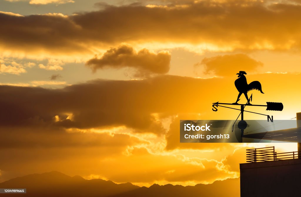 Silhouette of weather vane with decorative metallic rooster at colorful dawn Weather vane is an old famous instrument widely used for estimating of wind direction. Concept of weather forecasting Weather Vane Stock Photo