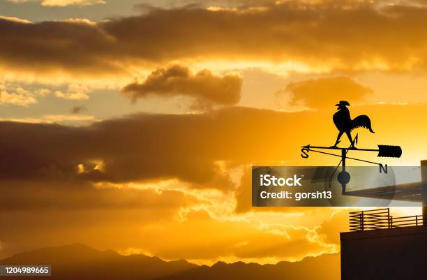 Silhouette Of Weather Vane With Decorative Metallic Rooster At Colorful Dawn Stock Photo - Download Image Now