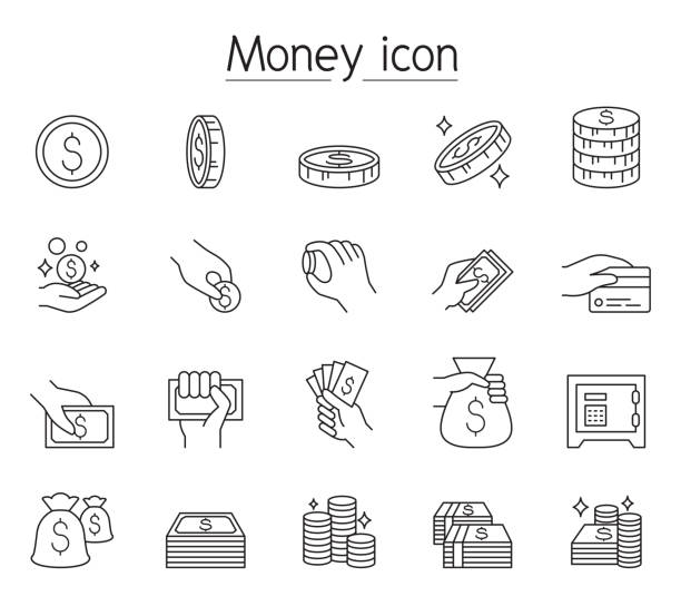 geld, bargeld, münze, währungssymbol in dünner linie stil gesetzt - geld ausgeben stock-grafiken, -clipart, -cartoons und -symbole