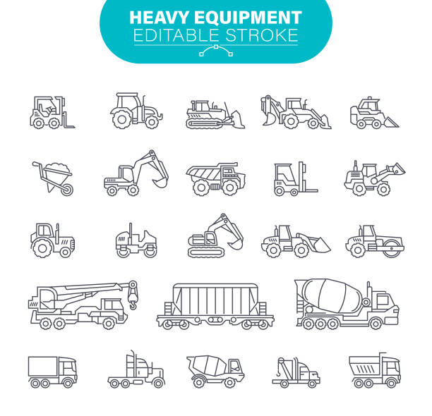 ikony ciężkiego sprzętu. edytowalny obrys. w zestawowych ikonach jak budownictwo, maszyny górnicze, ciągniki, - earth mover construction industrial equipment bulldozer stock illustrations