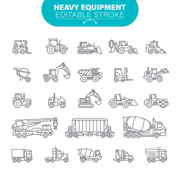 Heavy Equipment Icons. Editable Stroke. In set icons as construction, mining machines, tractors, illustration Truck, Working, Earth Mover, Dump Truck, Equipment, Outline, Machine, USA, Outline Icon Set construction machinery illustrations stock illustrations