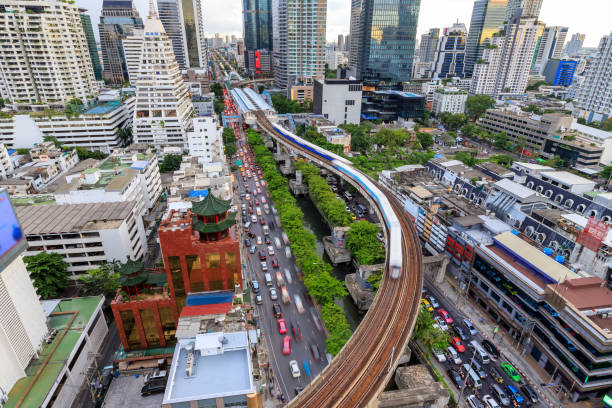 istock Bangkok Mass Transit System or BTS, major transportation for Bangkok business district, Silom, Thailand. 1204991781