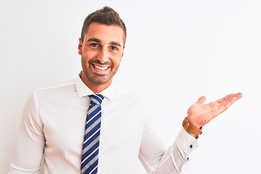 Young handsome elegant business man over isolated background smiling cheerful presenting and pointing with palm of hand looking at the camera.