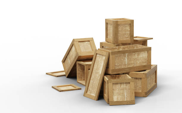 istock Several opened wood transport box with different size put in a mess on the floor 1204997951