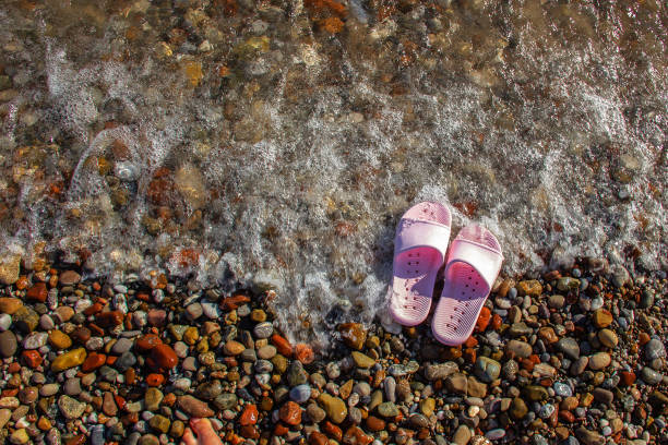 istock Women's pink flip-flops on the shingle beach. Summer vacation concept. 1204997961