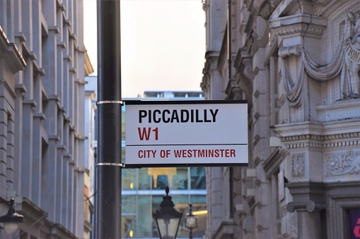 London, United Kingdom - January 17 2020: Piccadilly street sign detail