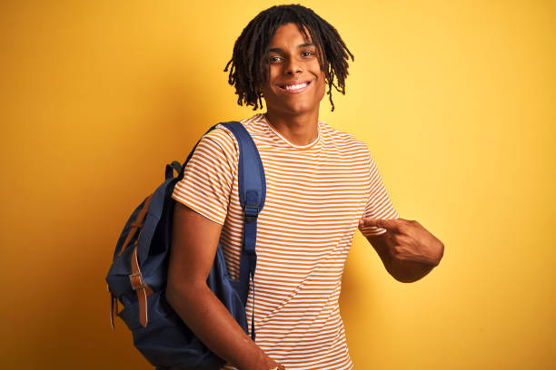 istock Afro american student man with dreadlocks wearing backpack over isolated yellow background with surprise face pointing finger to himself 1205003891