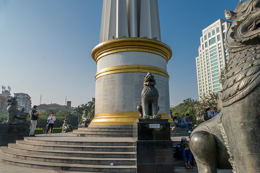 Yangon, Myanmar - January  23, 2020: Independence Monument in Maha Bandoola Park, Yangon