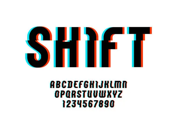 Vector illustration of Alphabet of distorted glitch effect. Shifted modern black font, latin letters from A to Z and numbers from 0 to 9 with effect sliced.