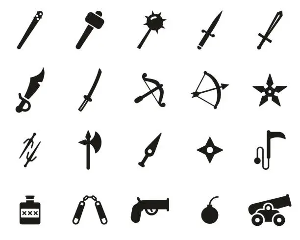 Vector illustration of Old Weapons Or Ancient Weapons Icons Black & White Set Big