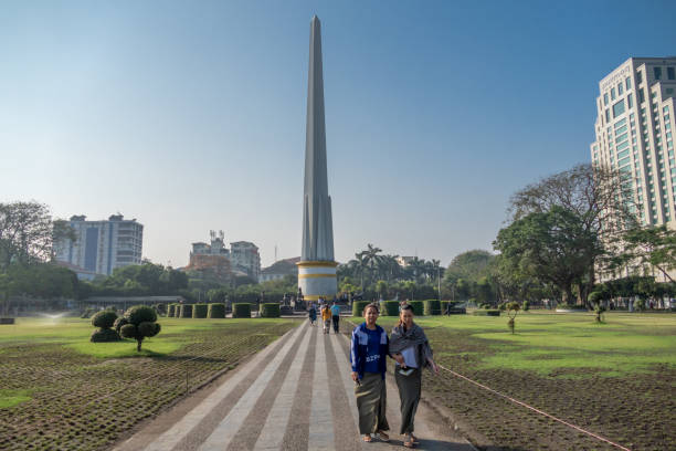 Yangon, Myanmar - January  23, 2020: Independence Monument in Maha Bandoola Park, Yangon