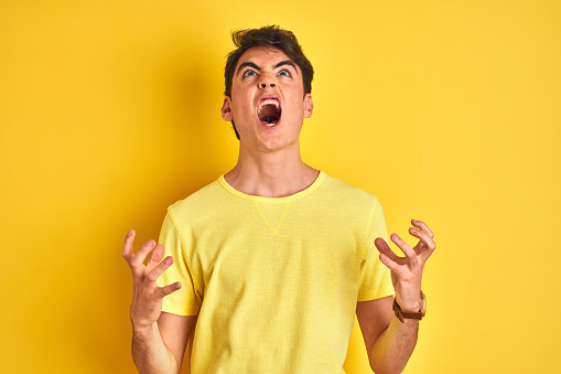 Adolescente niño con camiseta amarilla sobre fondo aislado loco y loco gritando y gritando con expresión agresiva y los brazos levantados. Concepto de frustración. photo