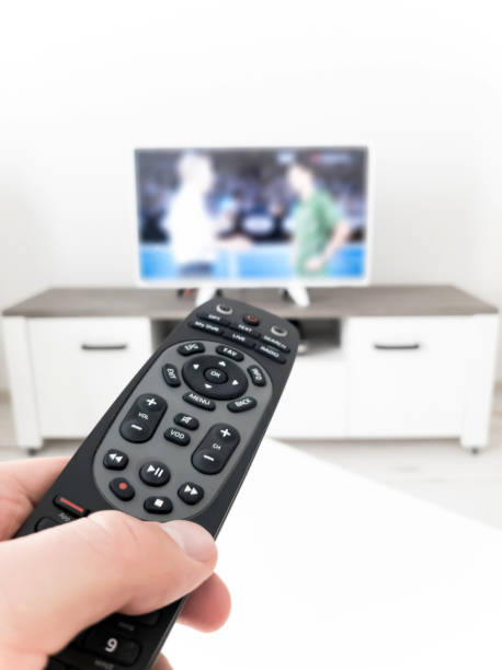 istock TV with white screen on a stand in the room. 1205008721