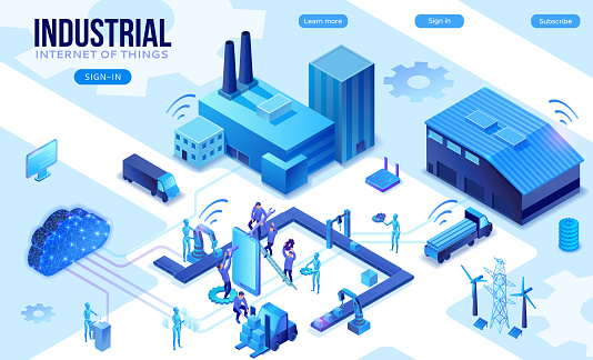 Assembly line isometric vector 3d illustration with people and robots, neon blue factory concept, plant with conveyor belt and workers putting package to forklift