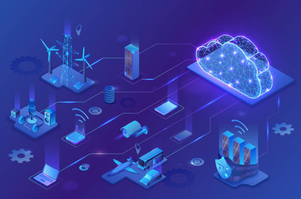 internet rzeczy infografika w chmurze, neonowa niebieska izometryczna ilustracja 3d z inteligentnymi ikonami technologii, sieć komputerowa, nocne świecące tło - isometric network server computer computer network stock illustrations