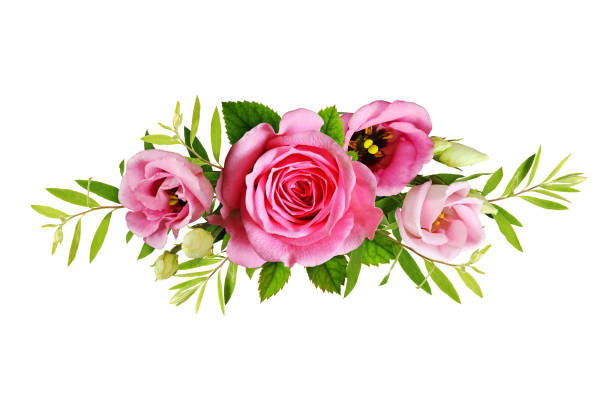 istock Pink roses and eustoma flowers in a floral arrangement 1205009105