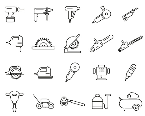 Power Tools Icons Black White Set Thin Line Big Stock Illustration