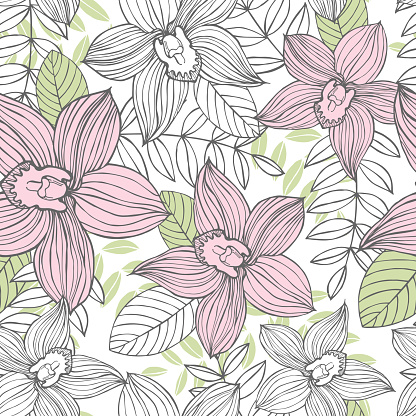 Hand drawn orchids.Vector  seamless pattern