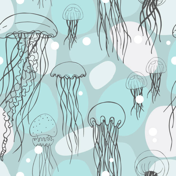 ilustraciones, imágenes clip art, dibujos animados e iconos de stock de patrón vectorial con medusas. - jellyfish animal cnidarian sea