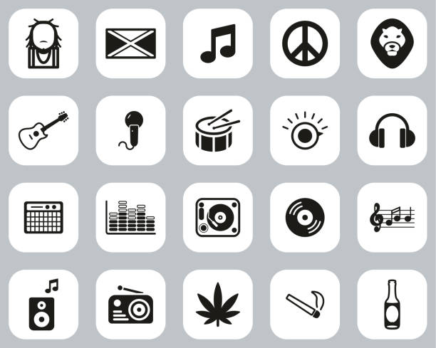 ilustraciones, imágenes clip art, dibujos animados e iconos de stock de reggae music & culture iconos negro y blanco flat design set grande - peace on earth audio