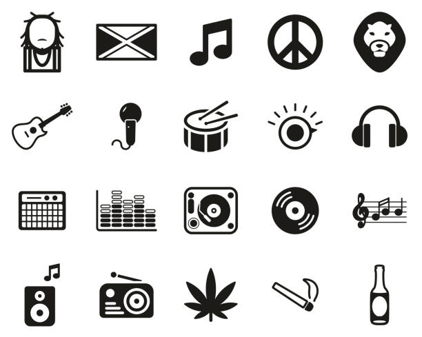 reggae musik & kultur icons black & white set big - peace on earth audio stock-grafiken, -clipart, -cartoons und -symbole