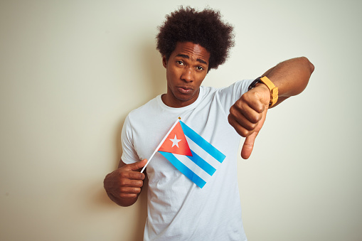 Young african american man holding Cuba Cuban flag standing over isolated white background with angry face, negative sign showing dislike with thumbs down, rejection concept