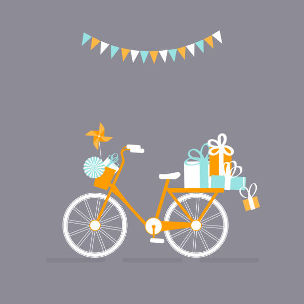 ilustrações de stock, clip art, desenhos animados e ícones de happy birthday card with bicycle and gifts. - 2322