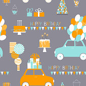 istock Vector birthday  pattern with cars, balloons and gifts 1205019101