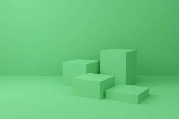 Abstract cube on pastel background texture with geometric shape. 3d render design for display product on website. Minimal mockup with green podium scene concept. Empty showcase for advertising.