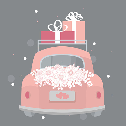 Wedding pink retro car with flowers and gifts. Vector illustration.