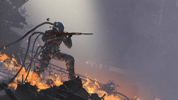 the futuristic soldier in battlefield the futuristic soldier aiming his gun at the enemy against the battlefield background, digital art style, illustration painting infantry stock illustrations