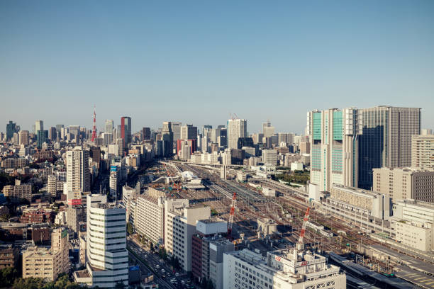 horizonte urbano y la torre de tokio - tokyo tower shinjuku ward tokyo prefecture communications tower fotografías e imágenes de stock